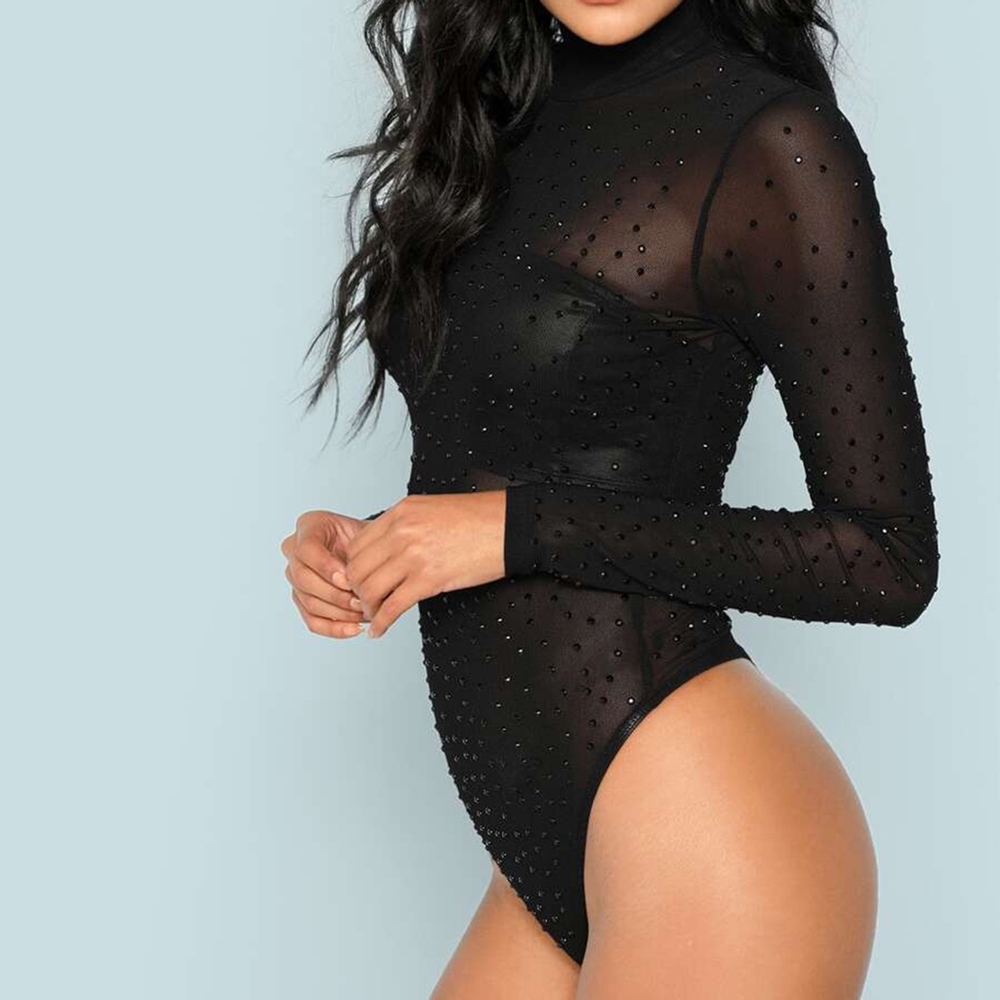 Black Long Sleeve Mesh Rhinestones Sheer Bodysuit - Picture 3 of 6